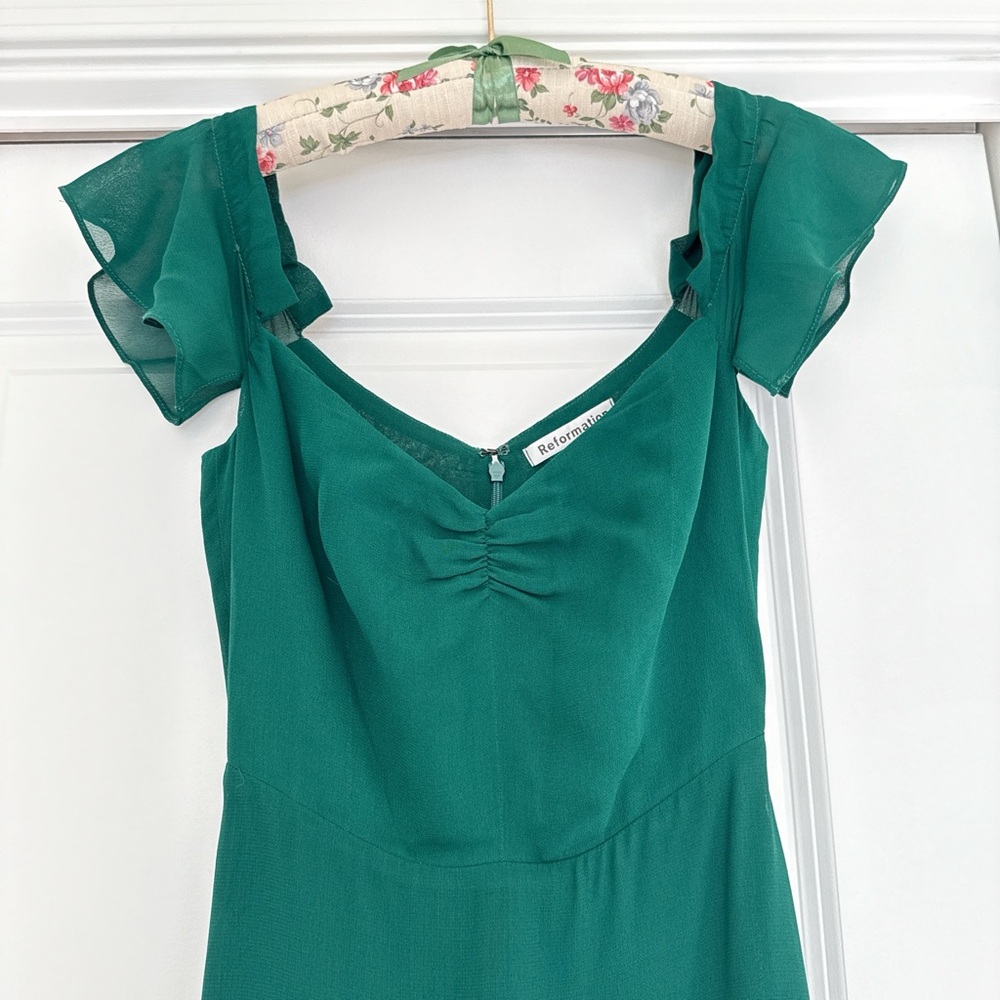 Reformation Green Ruched Maxi Dress with Flutter Sleeves - Picture 2 of 7